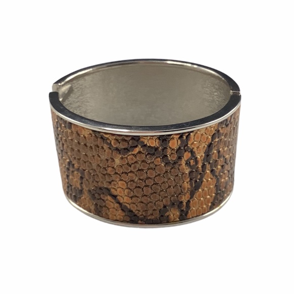 Women Brown Faux Reptile Silvertone Hinge Cuff Bracelet